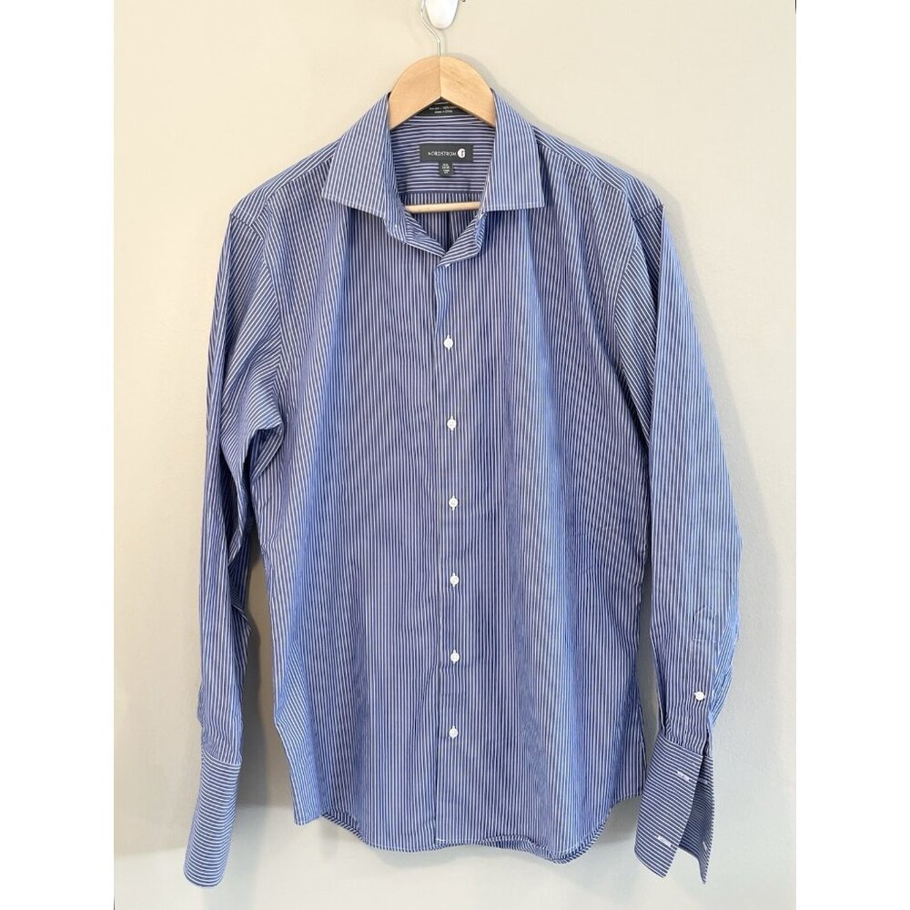 Nordstrom Men’s Dress Shirt Blue White Stripe Trim fit 16‎ 1/2, 34-35